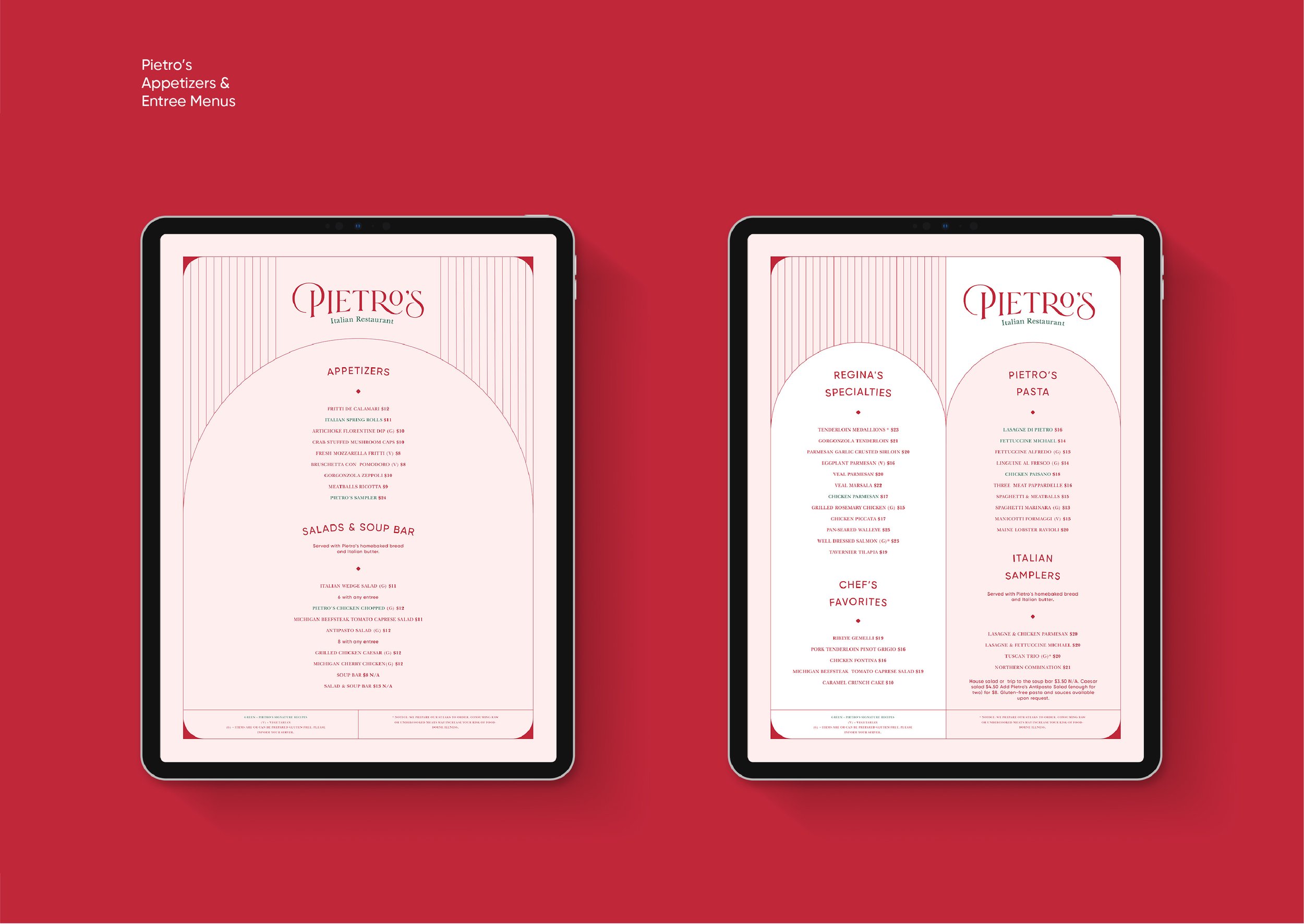 Appetizers and entree menus
